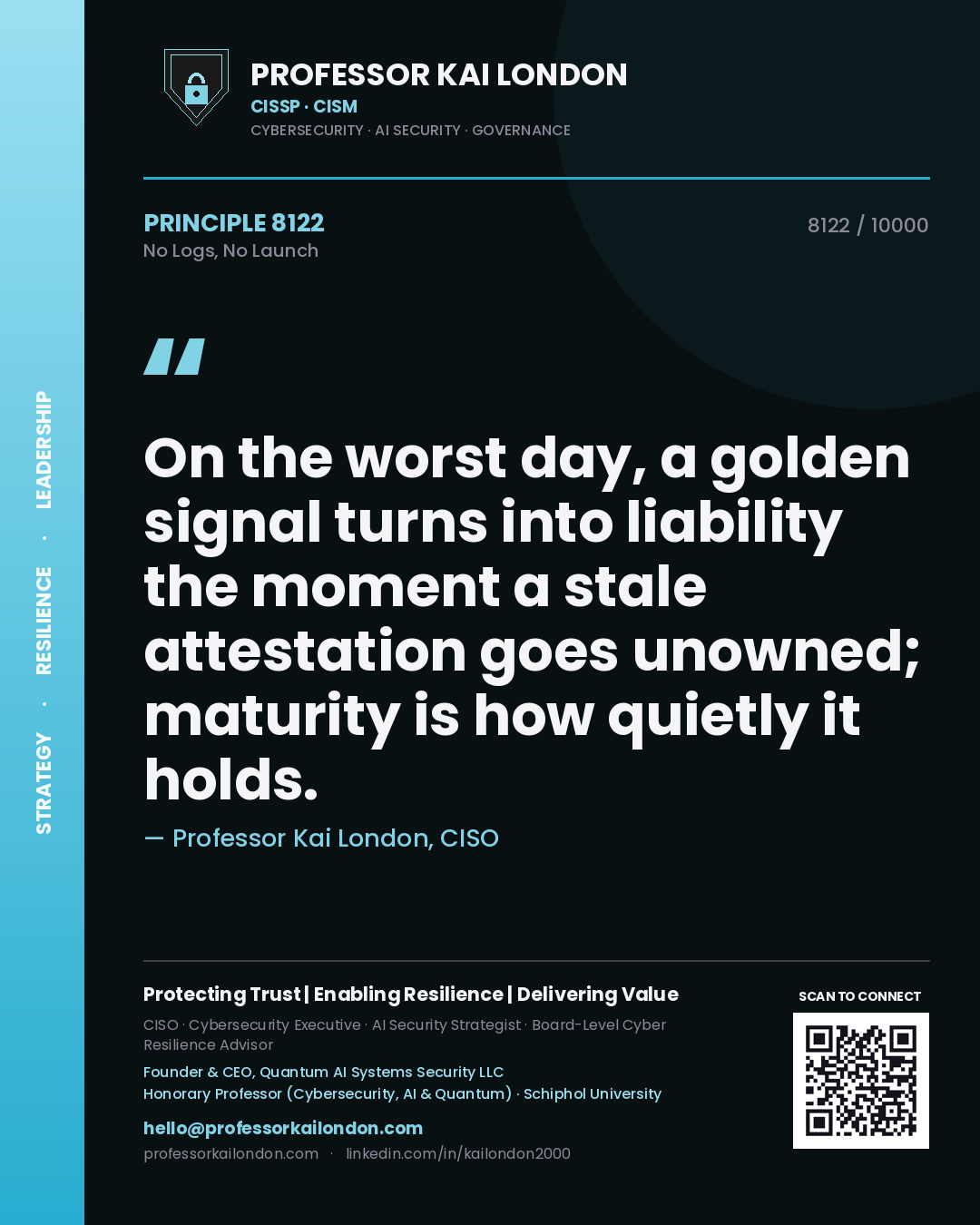 Quote card by Professor Kai London reading 'On the worst day, a golden signal turns into liability the moment a stale attestation goes unowned; maturity is how quietly it holds.'. From the book No Logs, No Launch.