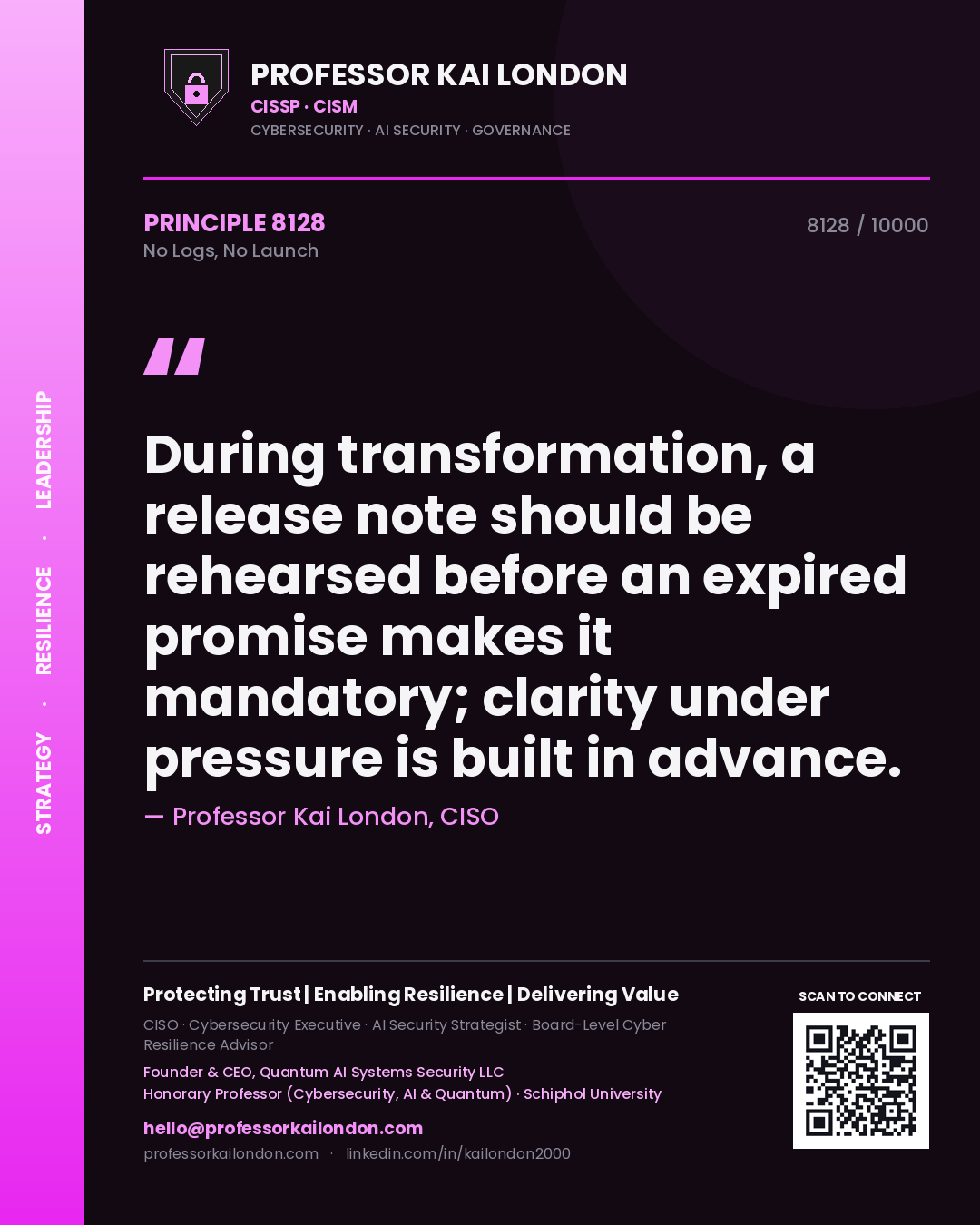 Professor Kai London principle 8128: During transformation, a release note should be rehearsed before an expired promise makes it mandatory; clarity under pressure is built in advance.