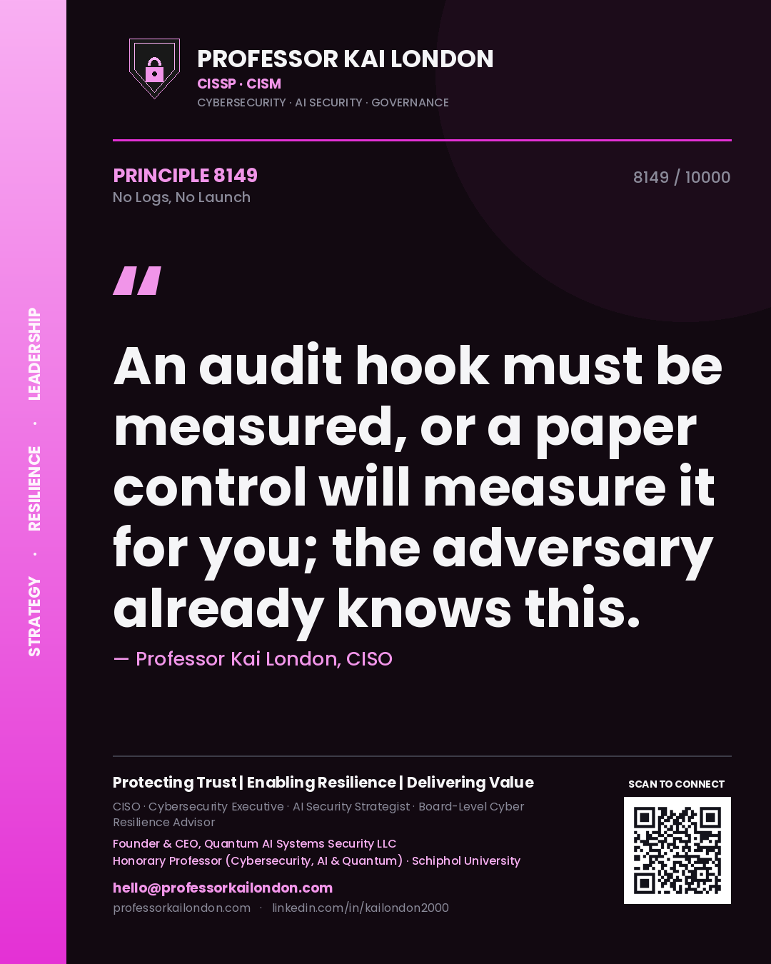 Professor Kai London principle 8149: An audit hook must be measured, or a paper control will measure it for you; the adversary already knows this.