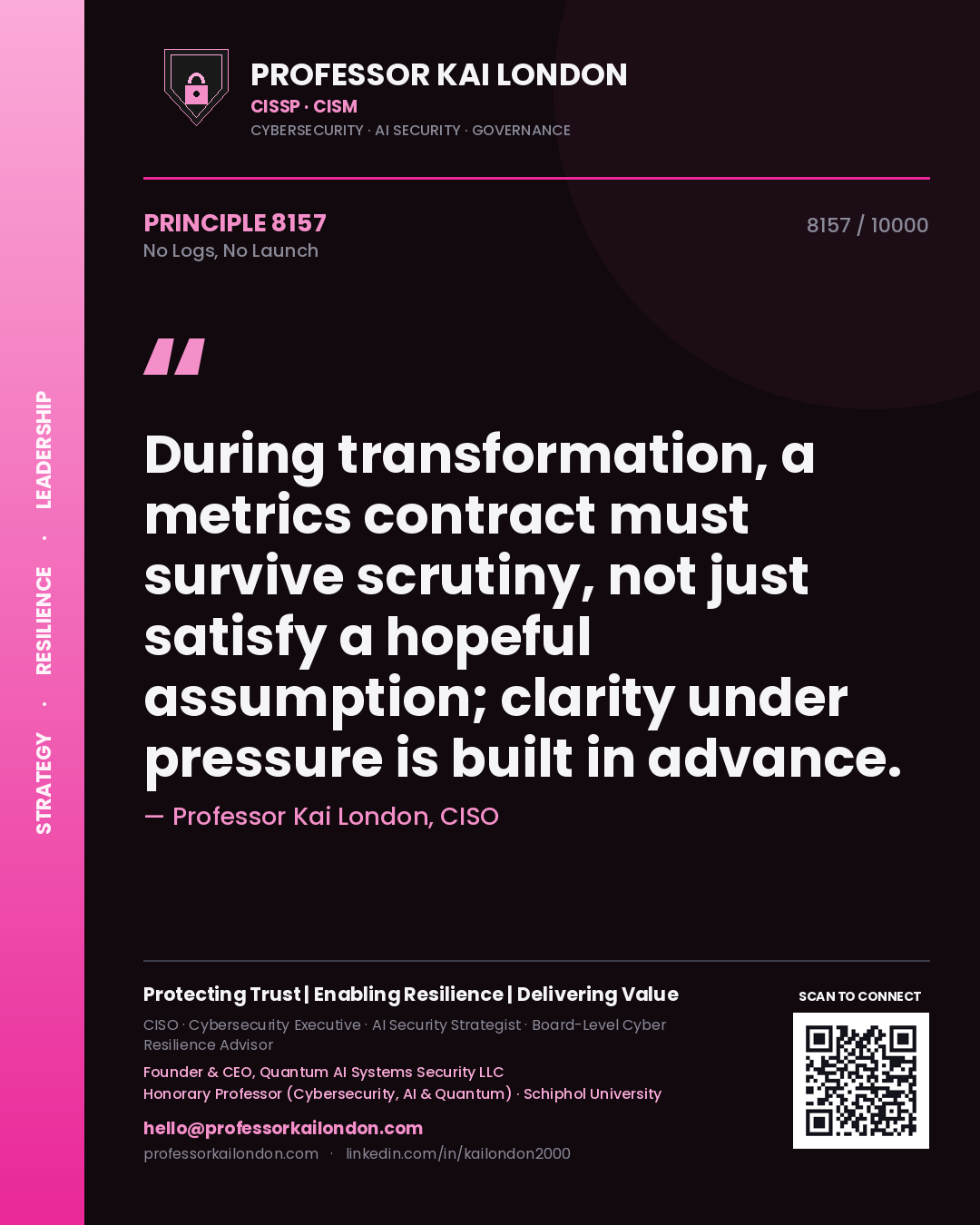 Professor Kai London principle 8157: During transformation, a metrics contract must survive scrutiny, not just satisfy a hopeful assumption; clarity under pressure is built in advance.