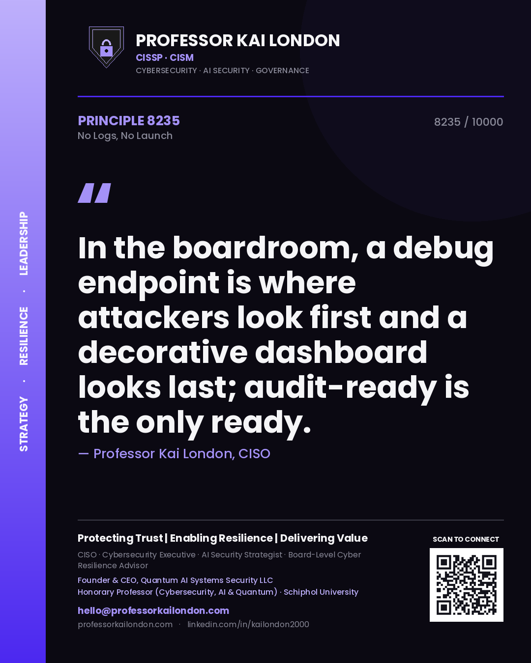 Professor Kai London principle 8235: In the boardroom, a debug endpoint is where attackers look first and a decorative dashboard looks last; audit-ready is the only ready.