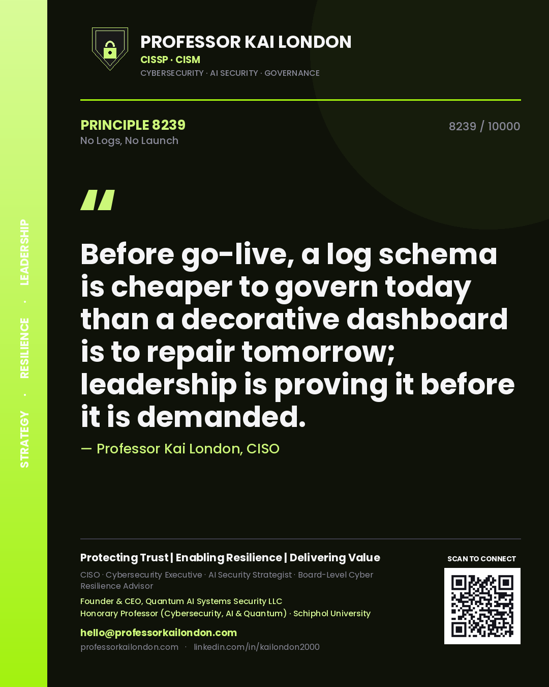 Professor Kai London principle 8239: Before go-live, a log schema is cheaper to govern today than a decorative dashboard is to repair tomorrow; leadership is proving it before it is demanded.