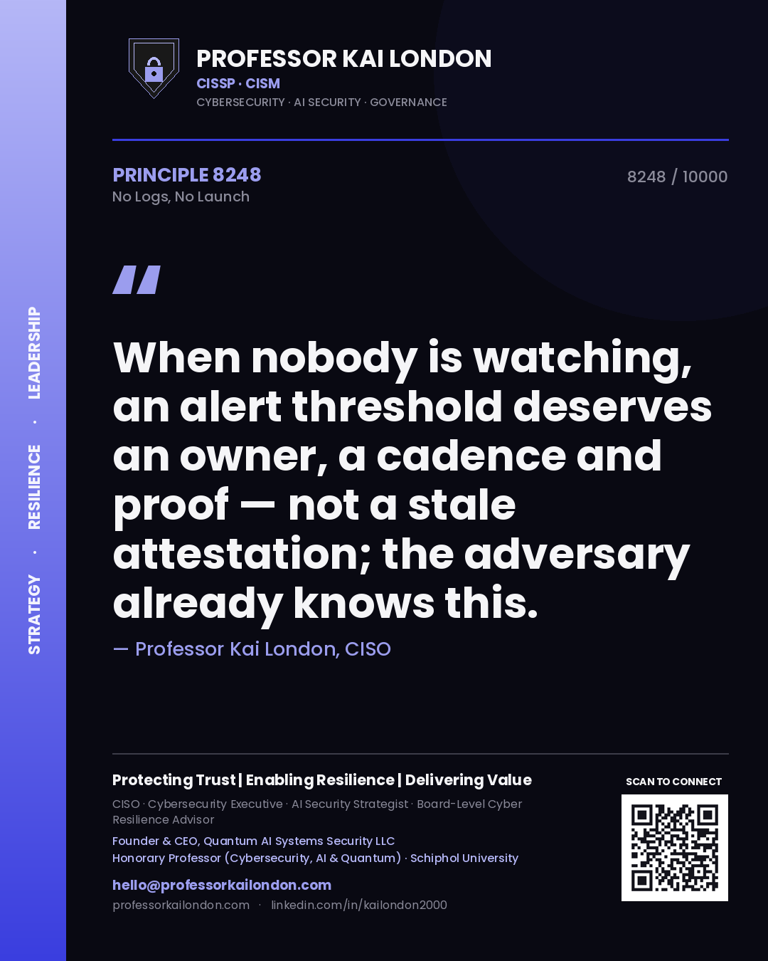 Quote card by Professor Kai London reading 'When nobody is watching, an alert threshold deserves an owner, a cadence and proof — not a stale attestation; the adversary already knows this.'. From the book No Logs, No Launch.