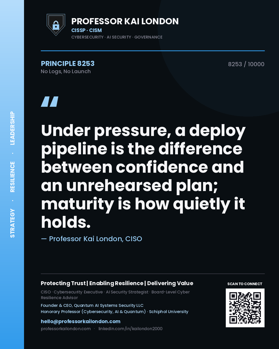 Professor Kai London principle 8253: Under pressure, a deploy pipeline is the difference between confidence and an unrehearsed plan; maturity is how quietly it holds.