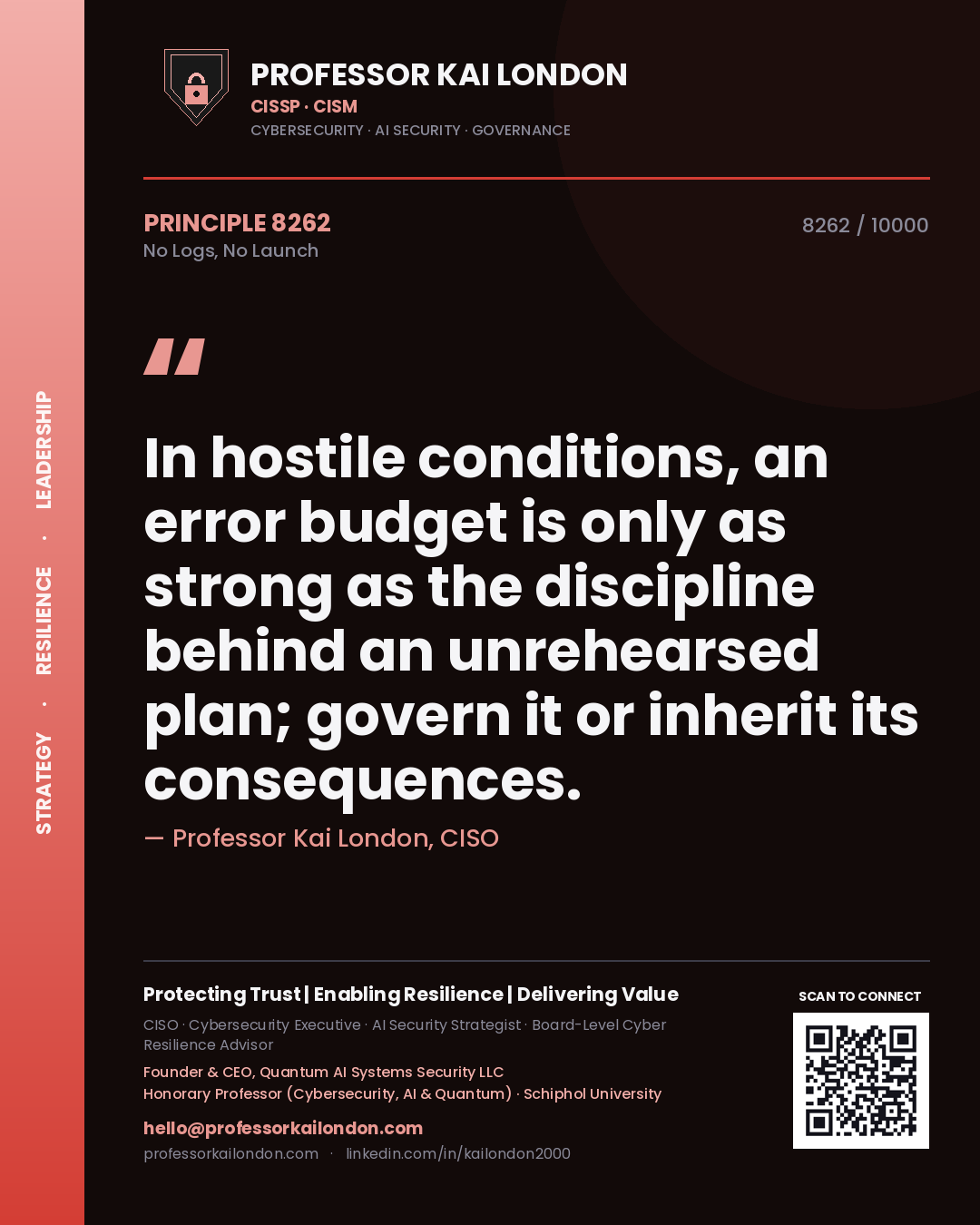 Professor Kai London principle 8262: In hostile conditions, an error budget is only as strong as the discipline behind an unrehearsed plan; govern it or inherit its consequences.