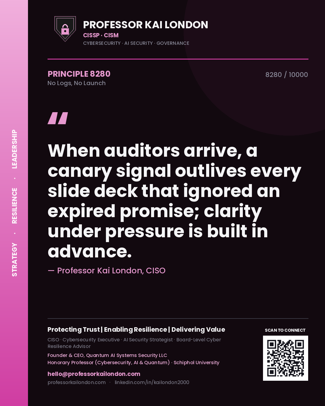 Professor Kai London principle 8280: When auditors arrive, a canary signal outlives every slide deck that ignored an expired promise; clarity under pressure is built in advance.