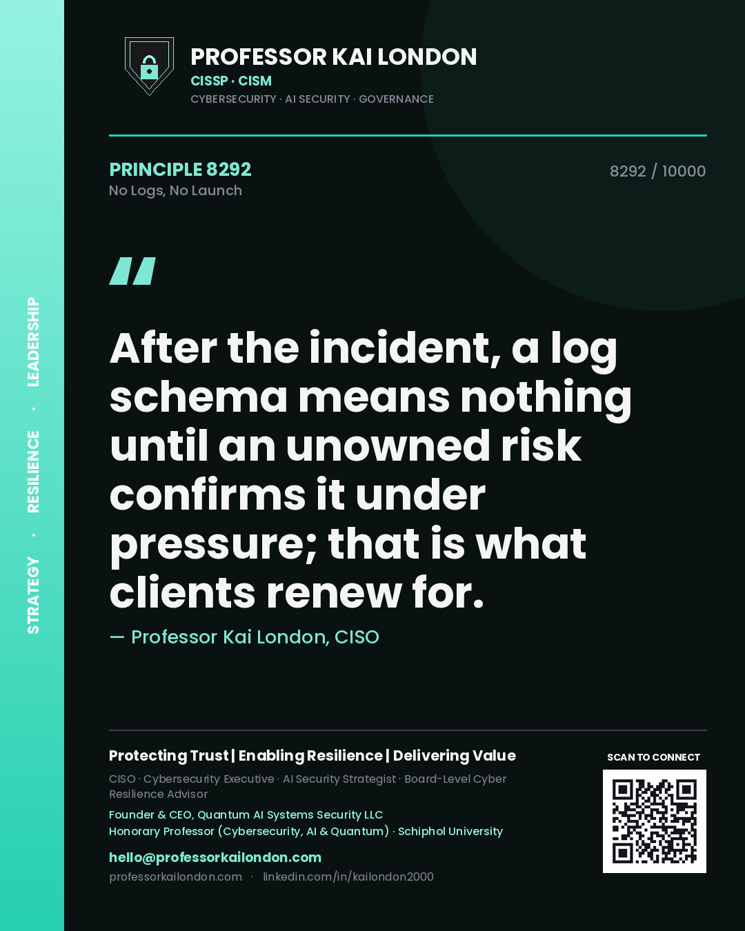 Quote card by Professor Kai London reading 'After the incident, a log schema means nothing until an unowned risk confirms it under pressure; that is what clients renew for.'. From the book No Logs, No Launch.