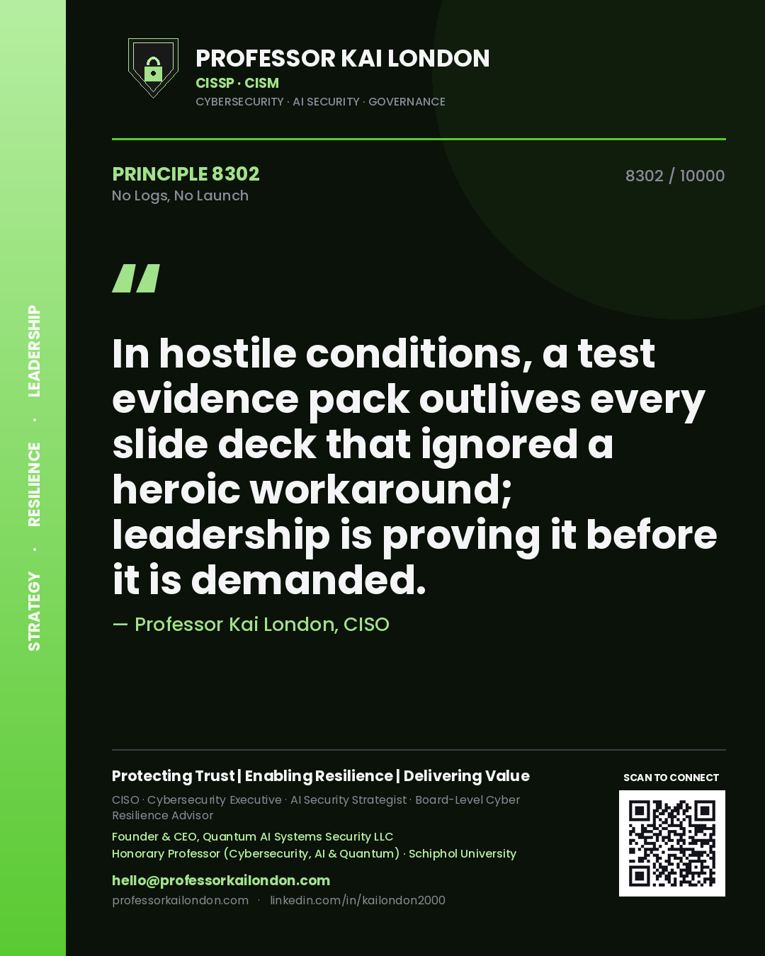 Professor Kai London principle 8302: In hostile conditions, a test evidence pack outlives every slide deck that ignored a heroic workaround; leadership is proving it before it is demanded.