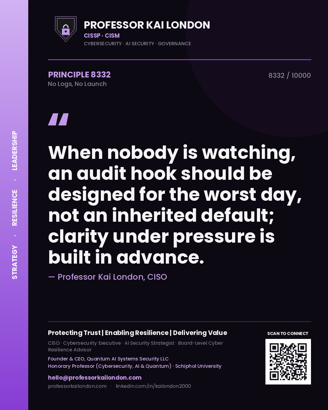 Professor Kai London principle 8332: When nobody is watching, an audit hook should be designed for the worst day, not an inherited default; clarity under pressure is built in advance.
