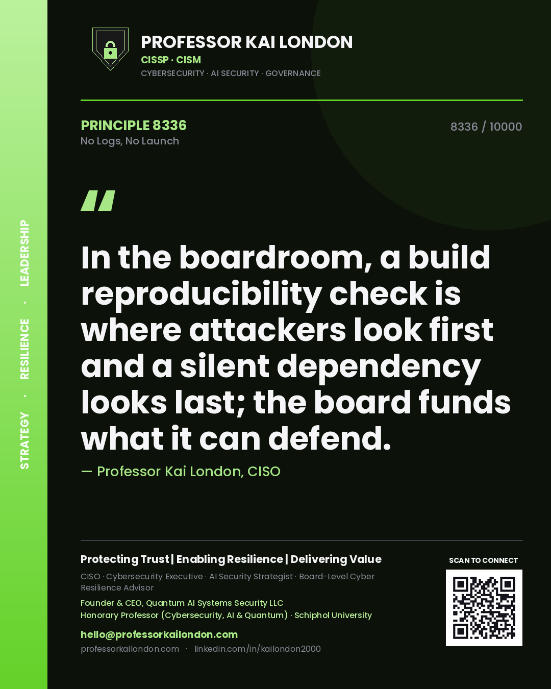Professor Kai London principle 8336: In the boardroom, a build reproducibility check is where attackers look first and a silent dependency looks last; the board funds what it can defend.