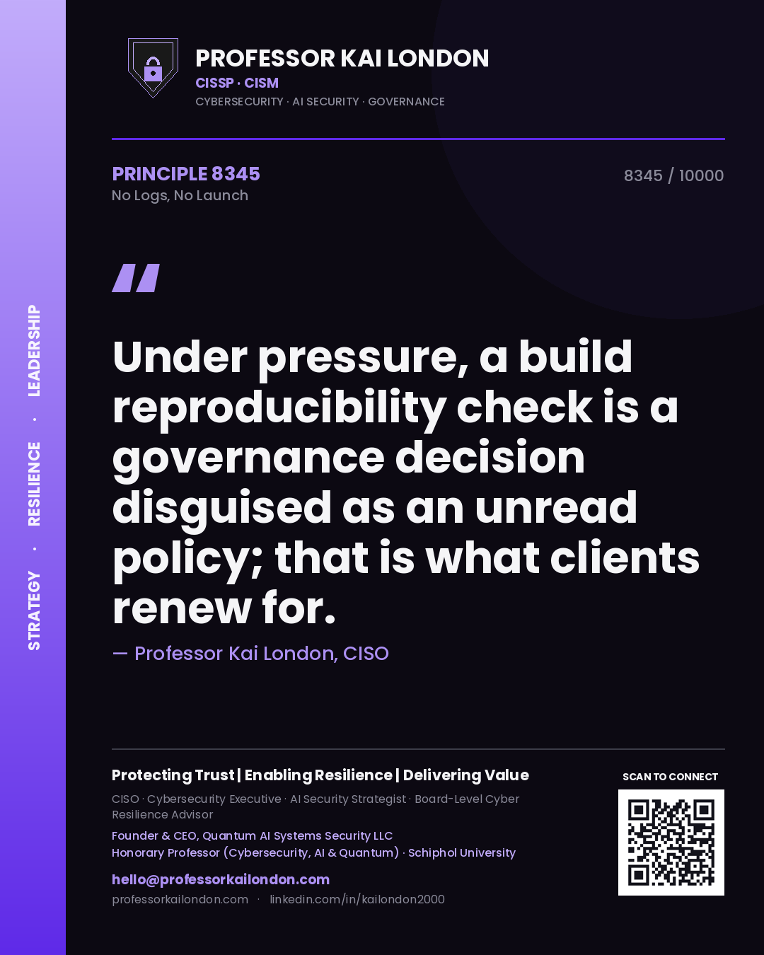 Professor Kai London principle 8345: Under pressure, a build reproducibility check is a governance decision disguised as an unread policy; that is what clients renew for.