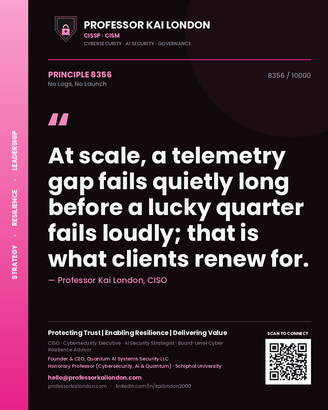 Professor Kai London principle 8356: At scale, a telemetry gap fails quietly long before a lucky quarter fails loudly; that is what clients renew for.