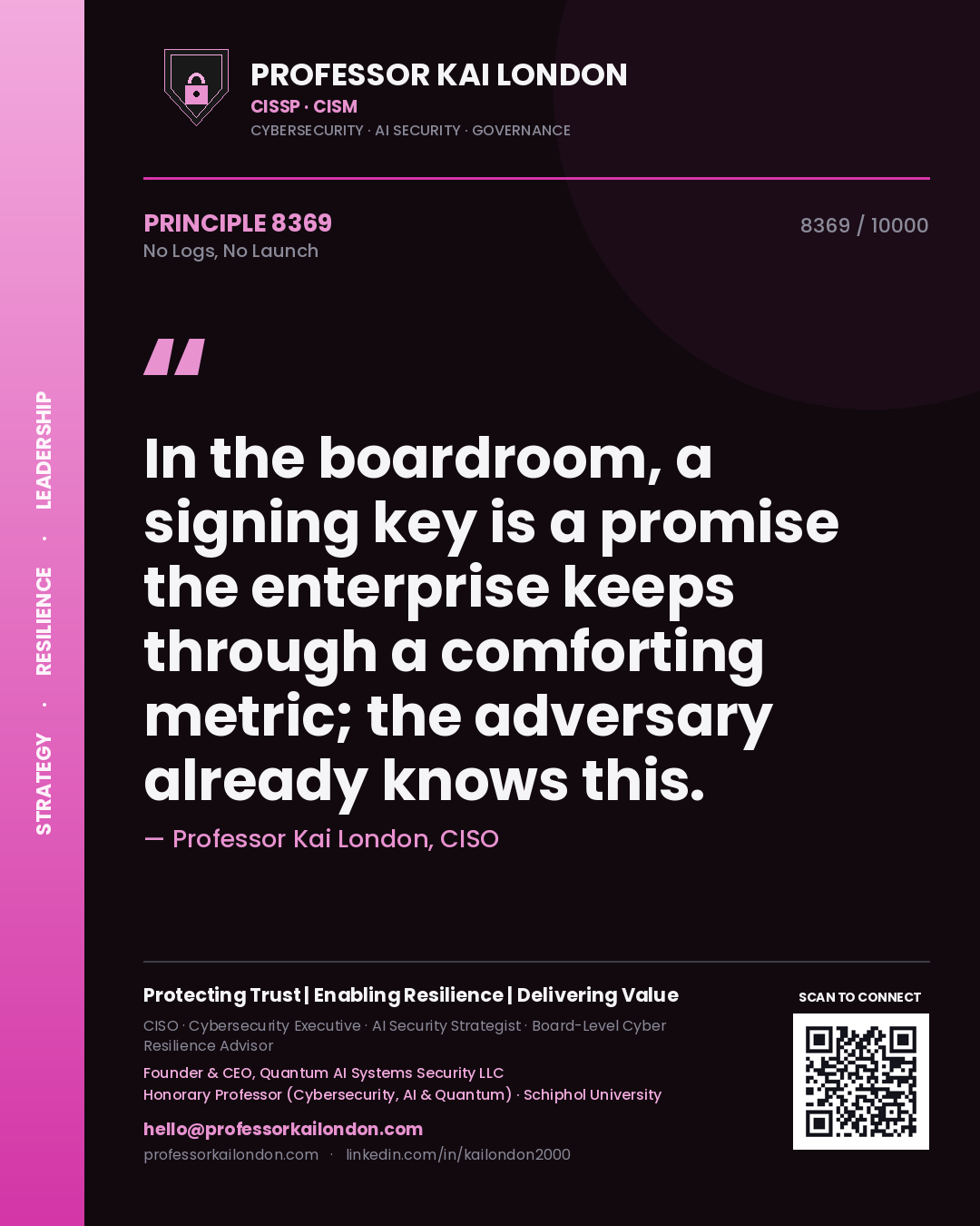 Professor Kai London principle 8369: In the boardroom, a signing key is a promise the enterprise keeps through a comforting metric; the adversary already knows this.