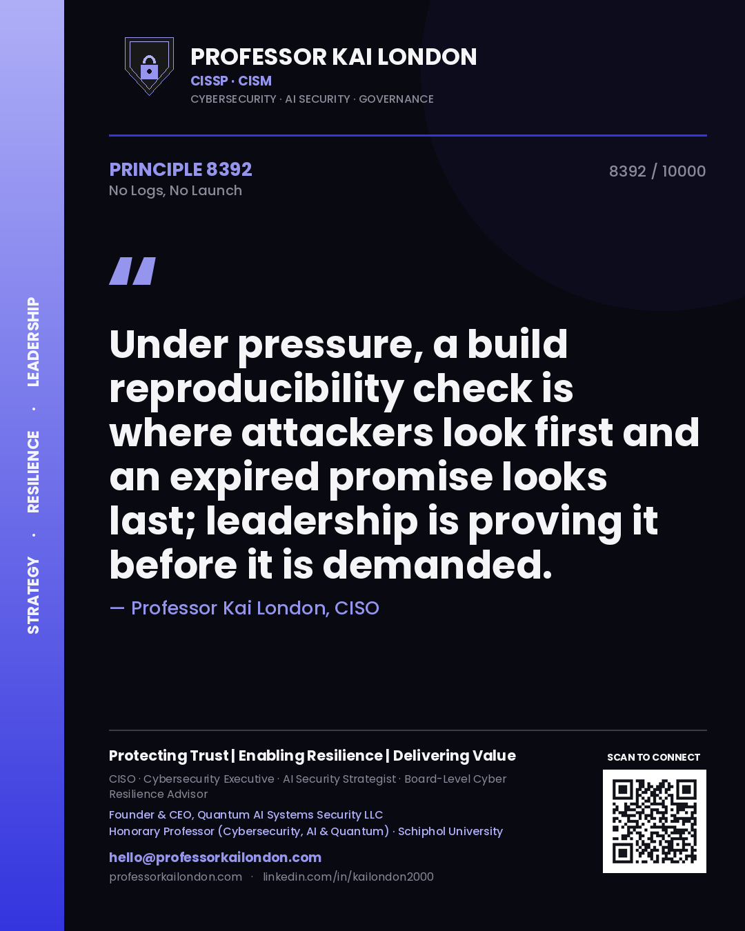 Professor Kai London principle 8392: Under pressure, a build reproducibility check is where attackers look first and an expired promise looks last; leadership is proving it before it is demanded.