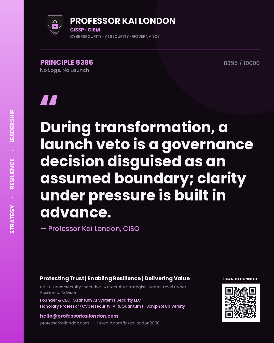 Quote card by Professor Kai London reading 'During transformation, a launch veto is a governance decision disguised as an assumed boundary; clarity under pressure is built in advance.'. From the book No Logs, No Launch.