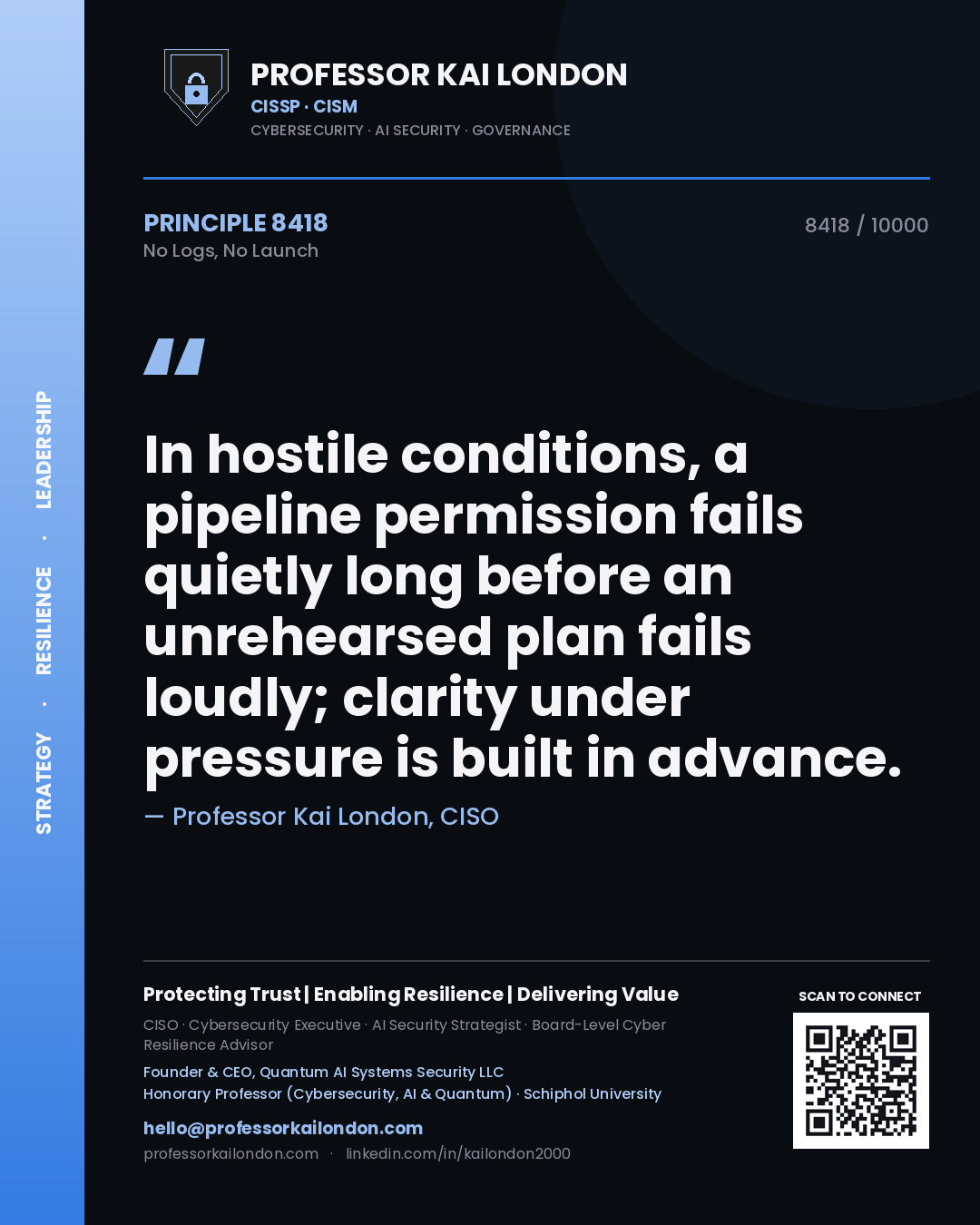 Professor Kai London principle 8418: In hostile conditions, a pipeline permission fails quietly long before an unrehearsed plan fails loudly; clarity under pressure is built in advance.