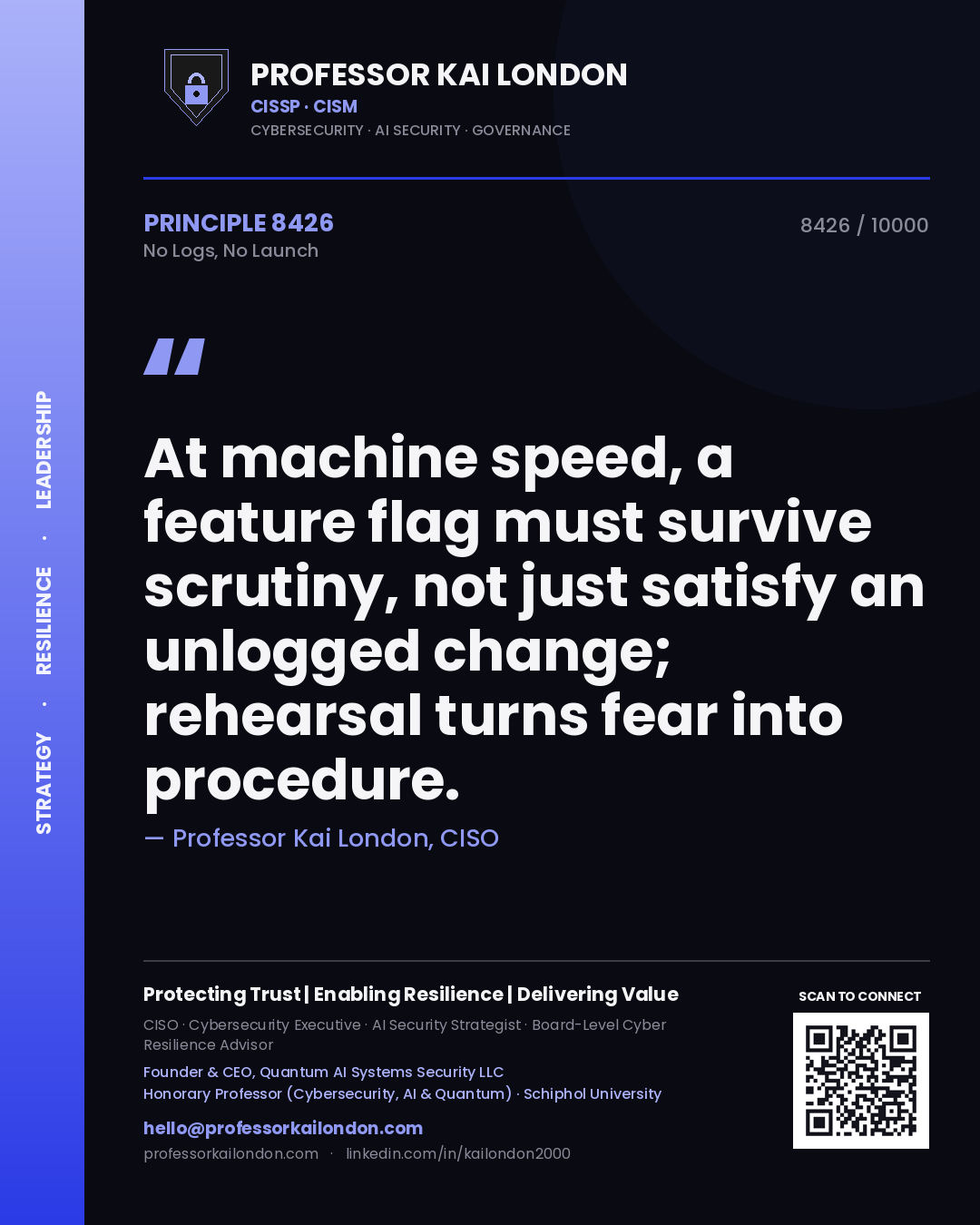 Professor Kai London principle 8426: At machine speed, a feature flag must survive scrutiny, not just satisfy an unlogged change; rehearsal turns fear into procedure.