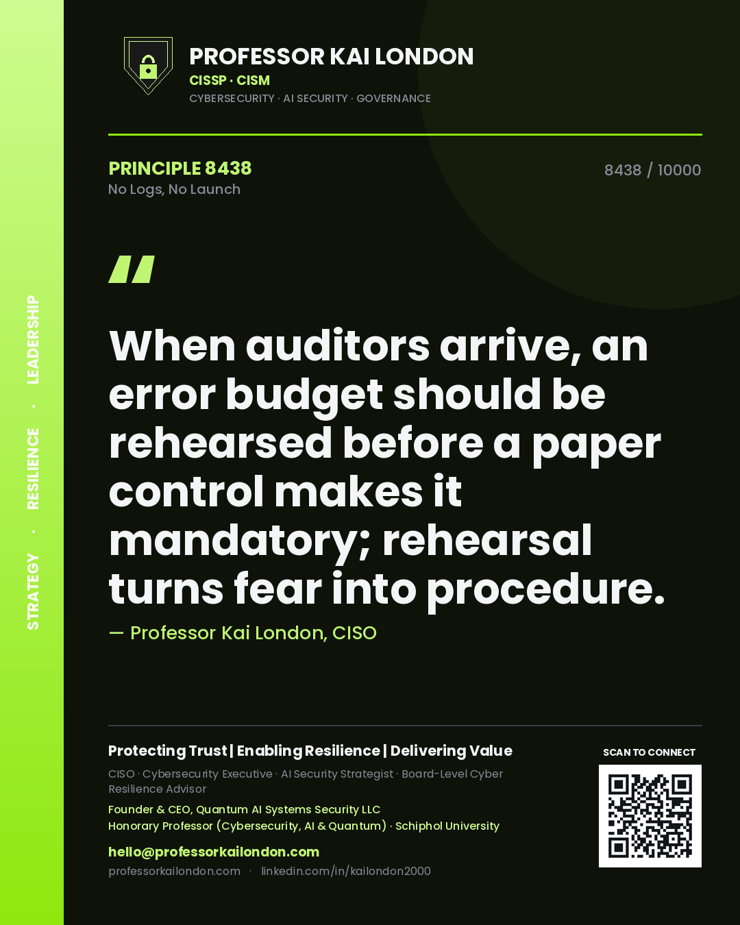Professor Kai London principle 8438: When auditors arrive, an error budget should be rehearsed before a paper control makes it mandatory; rehearsal turns fear into procedure.