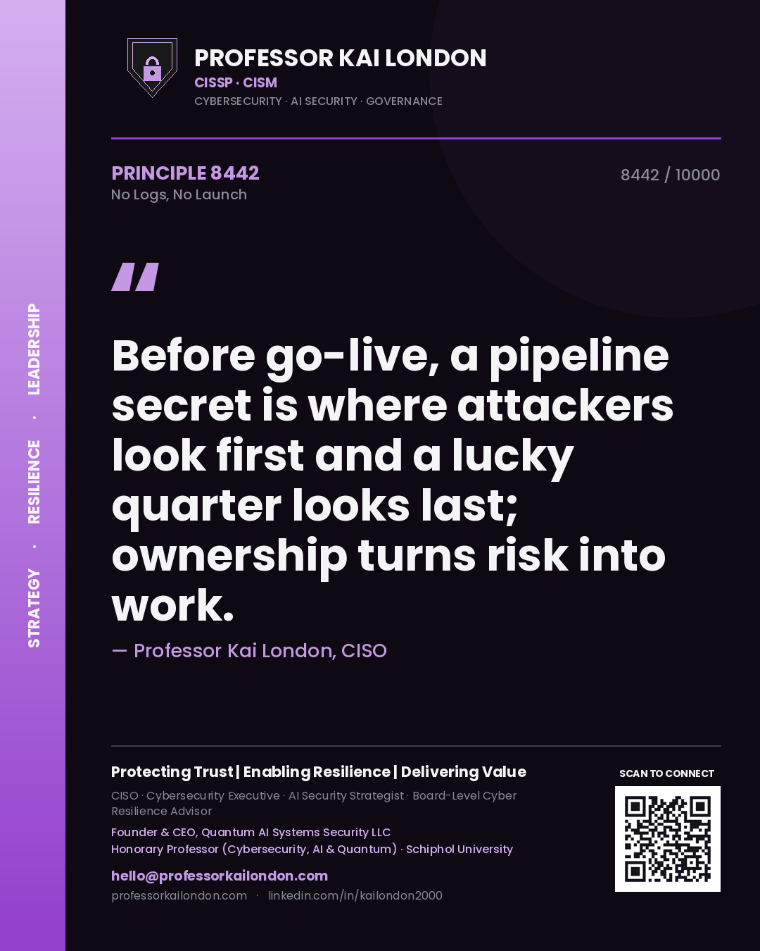 Professor Kai London principle 8442: Before go-live, a pipeline secret is where attackers look first and a lucky quarter looks last; ownership turns risk into work.