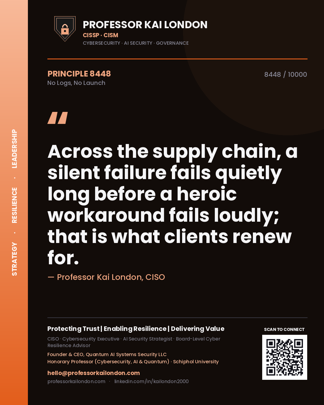 Professor Kai London principle 8448: Across the supply chain, a silent failure fails quietly long before a heroic workaround fails loudly; that is what clients renew for.