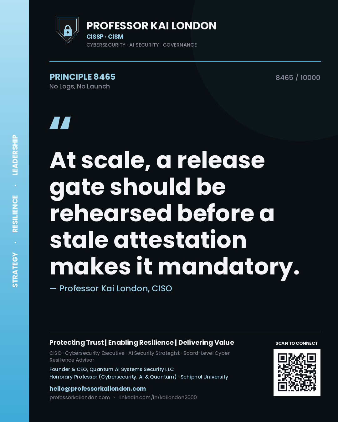 Professor Kai London principle 8465: At scale, a release gate should be rehearsed before a stale attestation makes it mandatory.
