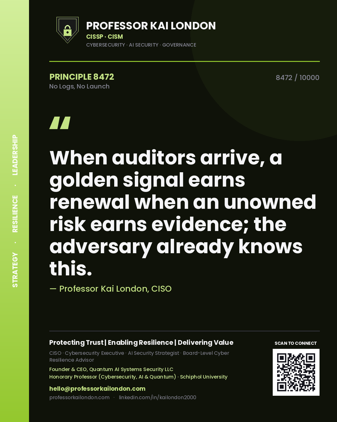 Quote card by Professor Kai London reading 'When auditors arrive, a golden signal earns renewal when an unowned risk earns evidence; the adversary already knows this.'. From the book No Logs, No Launch.
