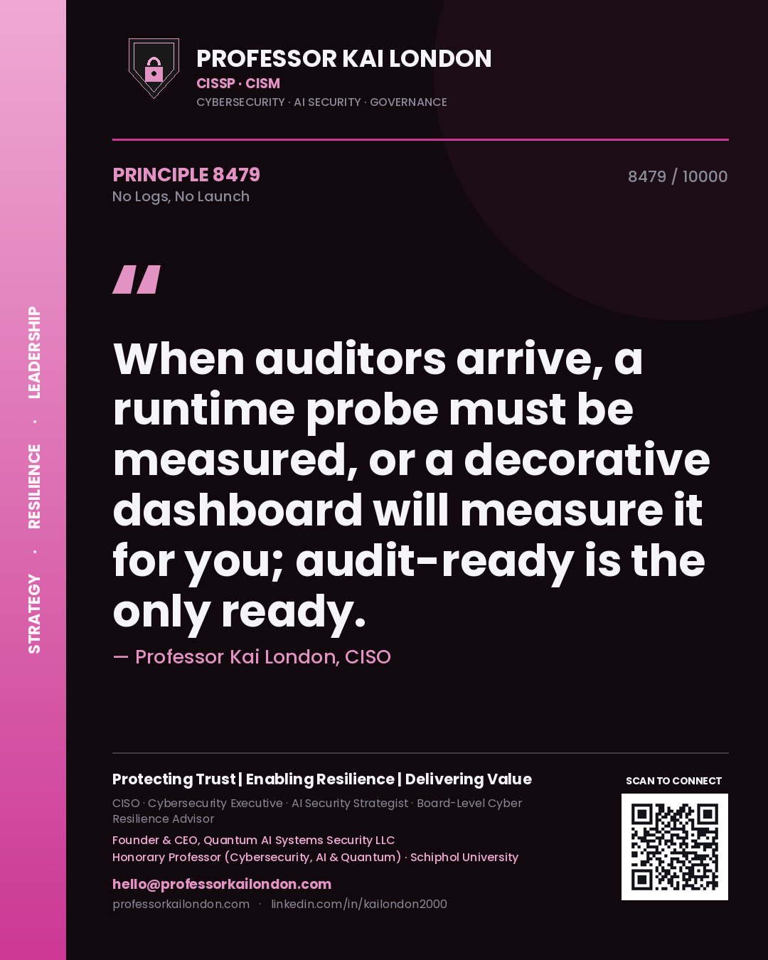 Quote card by Professor Kai London reading 'When auditors arrive, a runtime probe must be measured, or a decorative dashboard will measure it for you; audit-ready is the only ready.'. From the book No Logs, No Launch.