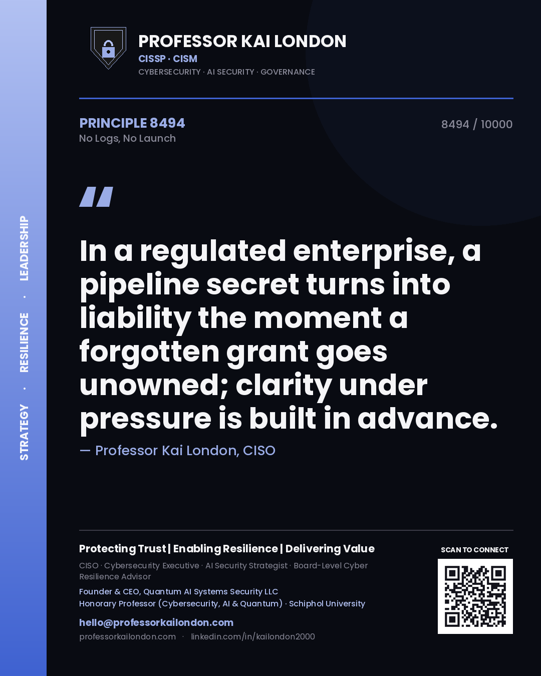Professor Kai London principle 8494: In a regulated enterprise, a pipeline secret turns into liability the moment a forgotten grant goes unowned; clarity under pressure is built in advance.