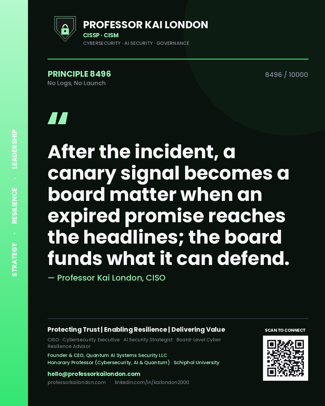 Quote card by Professor Kai London reading 'After the incident, a canary signal becomes a board matter when an expired promise reaches the headlines; the board funds what it can defend.'. From the book No Logs, No Launch.