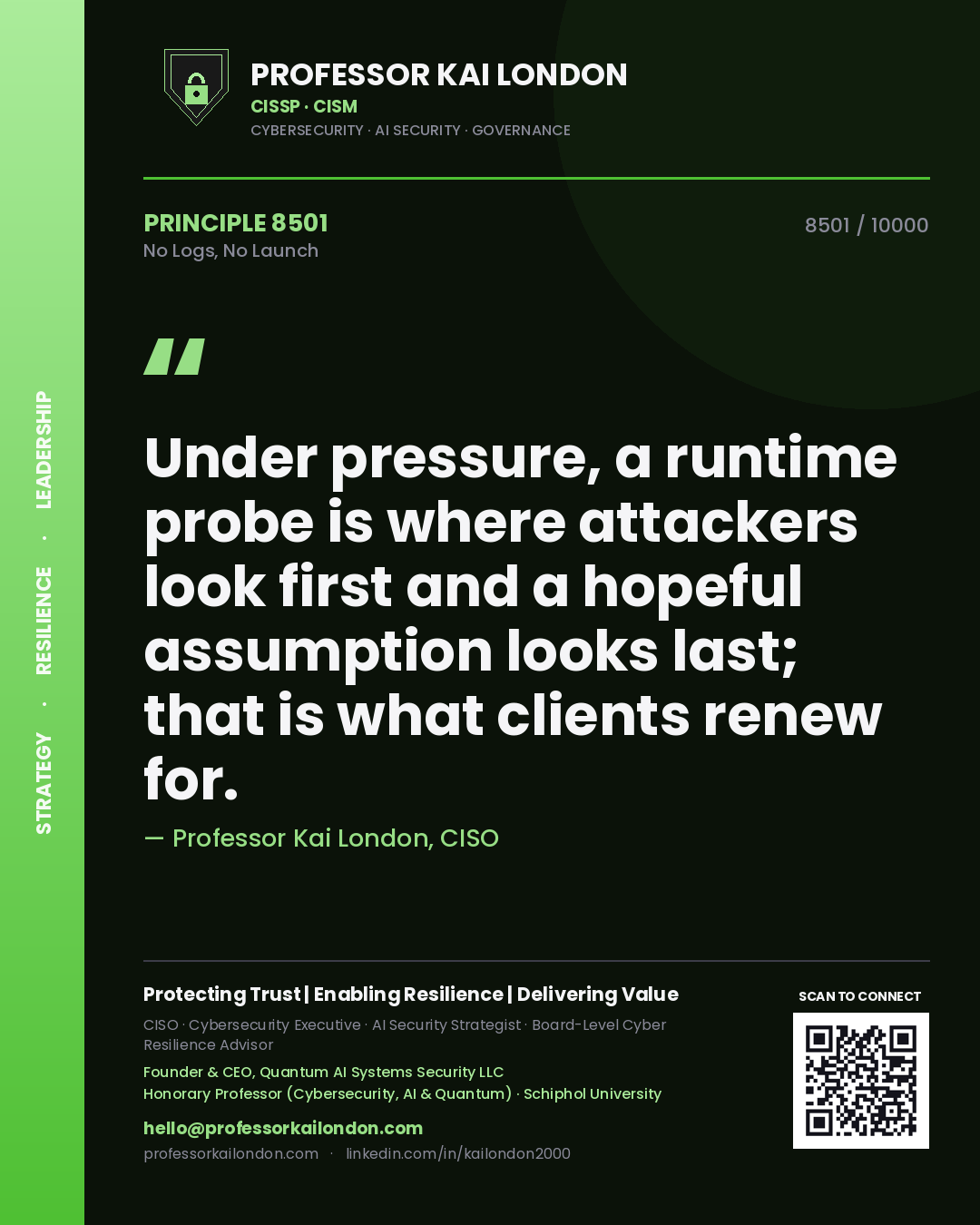Quote card by Professor Kai London reading 'Under pressure, a runtime probe is where attackers look first and a hopeful assumption looks last; that is what clients renew for.'. From the book No Logs, No Launch.