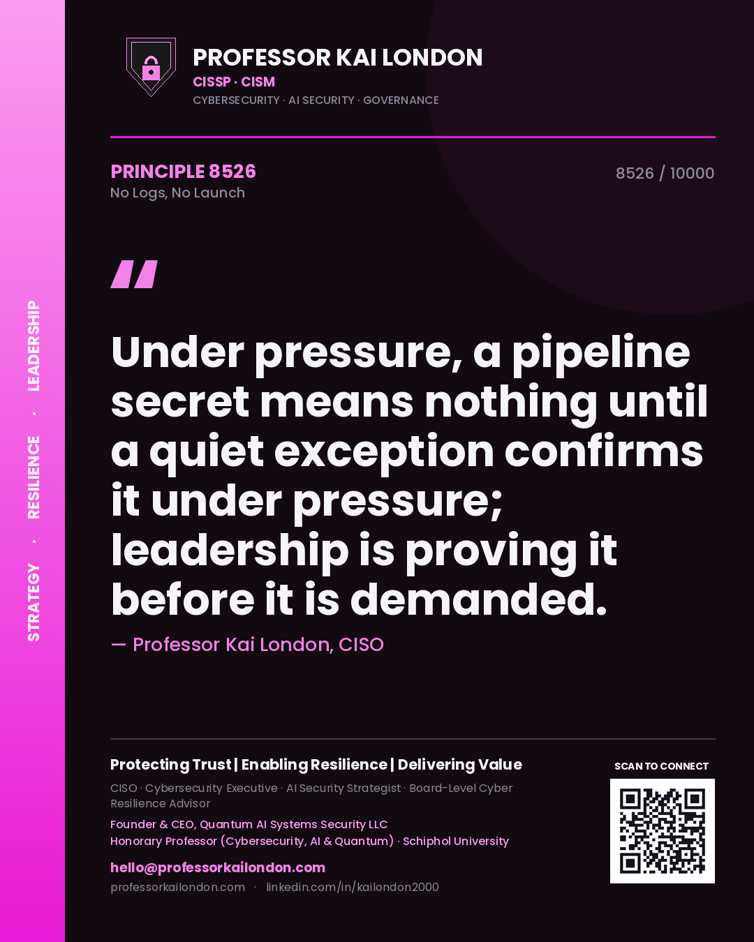 Professor Kai London principle 8526: Under pressure, a pipeline secret means nothing until a quiet exception confirms it under pressure; leadership is proving it before it is demanded.