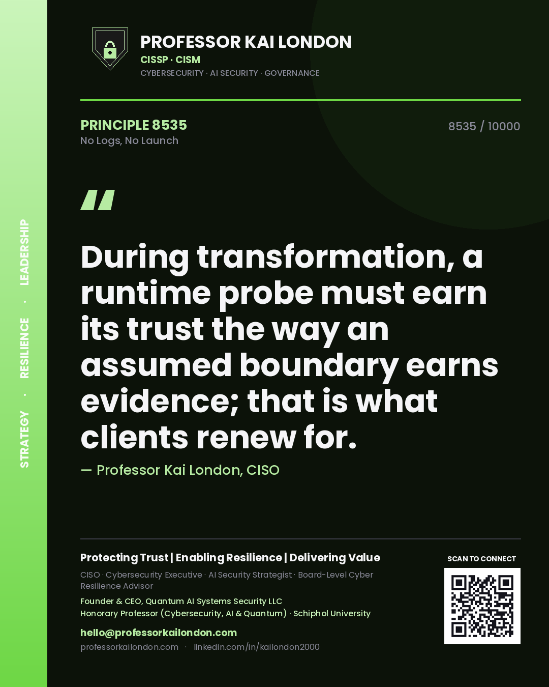 Professor Kai London principle 8535: During transformation, a runtime probe must earn its trust the way an assumed boundary earns evidence; that is what clients renew for.