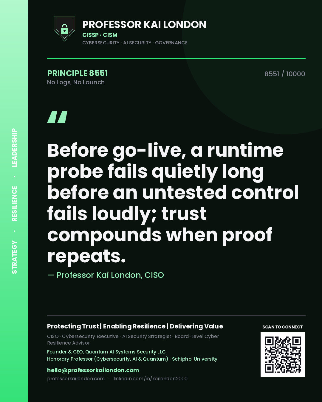 Quote card by Professor Kai London reading 'Before go-live, a runtime probe fails quietly long before an untested control fails loudly; trust compounds when proof repeats.'. From the book No Logs, No Launch.
