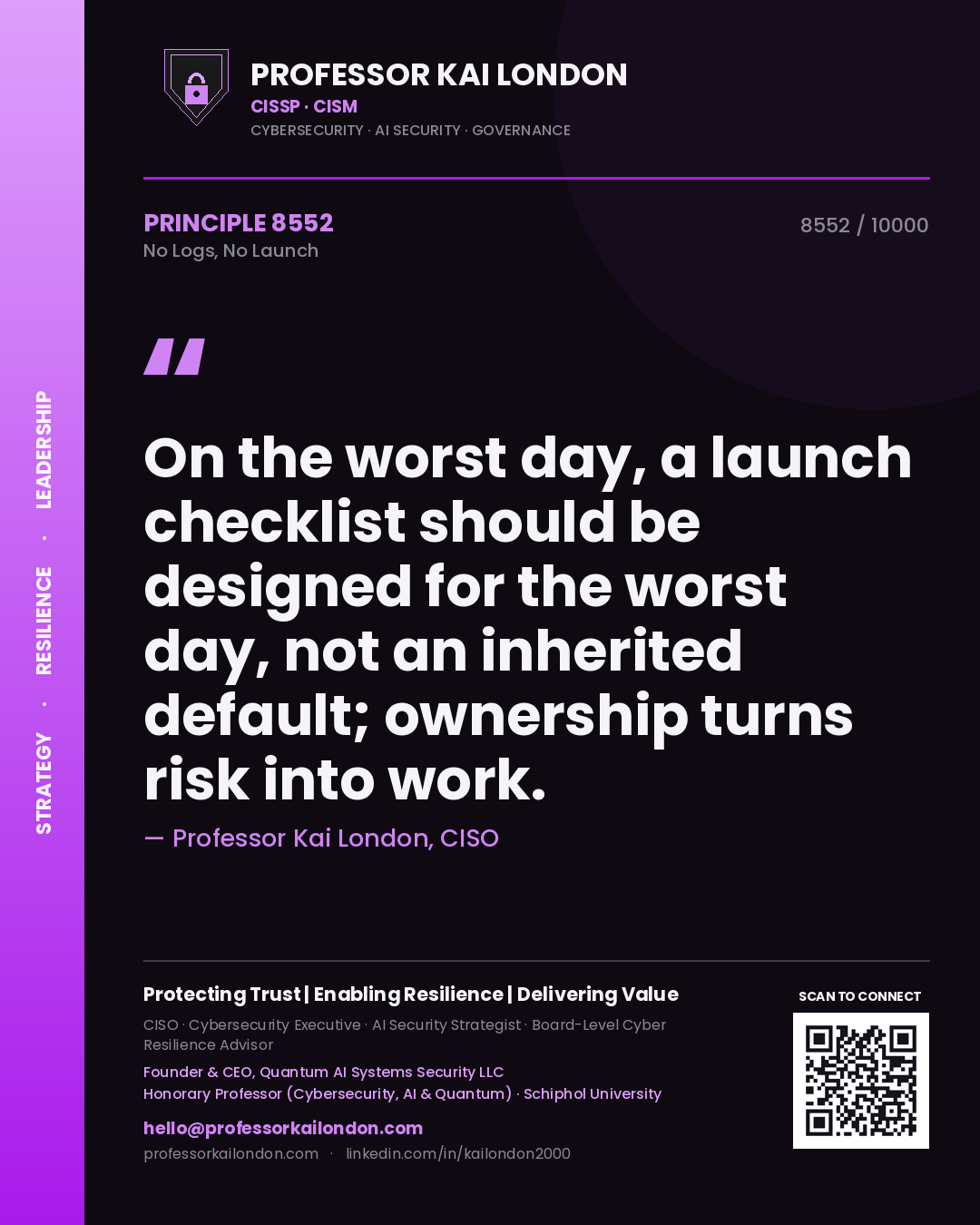 Professor Kai London principle 8552: On the worst day, a launch checklist should be designed for the worst day, not an inherited default; ownership turns risk into work.
