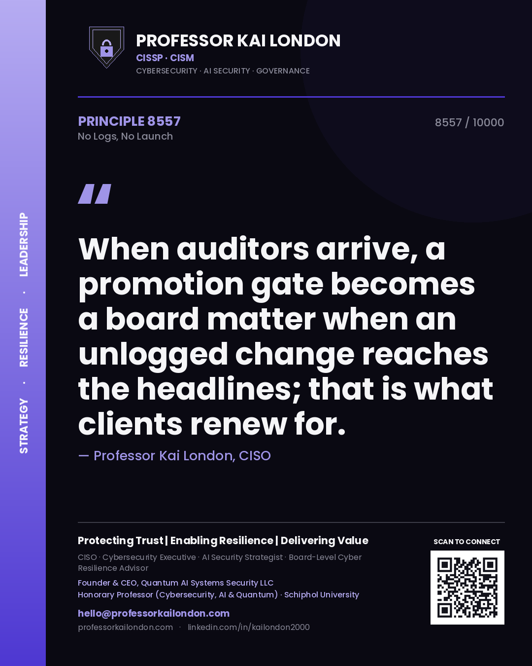 Professor Kai London principle 8557: When auditors arrive, a promotion gate becomes a board matter when an unlogged change reaches the headlines; that is what clients renew for.