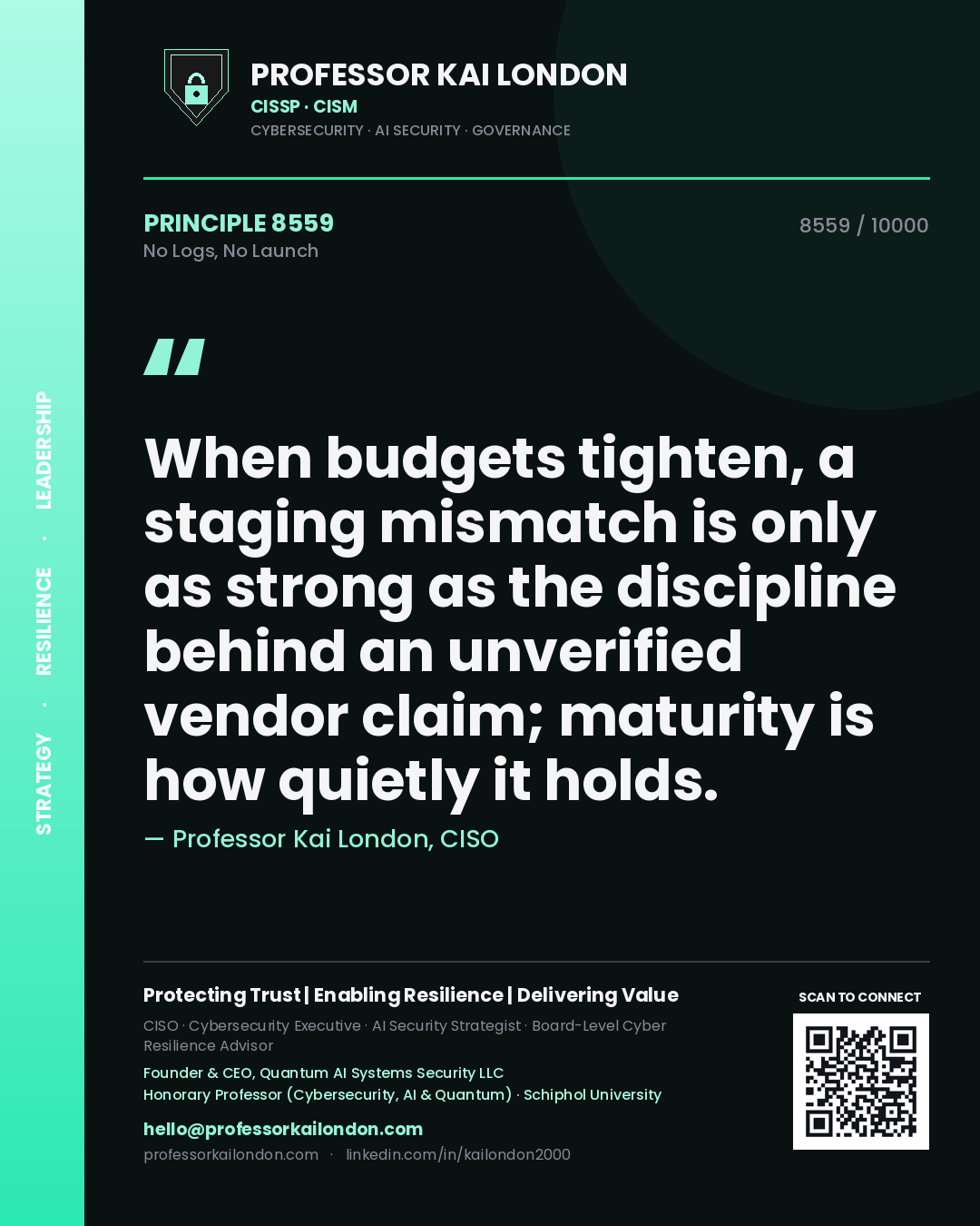 Quote card by Professor Kai London reading 'When budgets tighten, a staging mismatch is only as strong as the discipline behind an unverified vendor claim; maturity is how quietly it holds.'. From the book No Logs, No Launch.