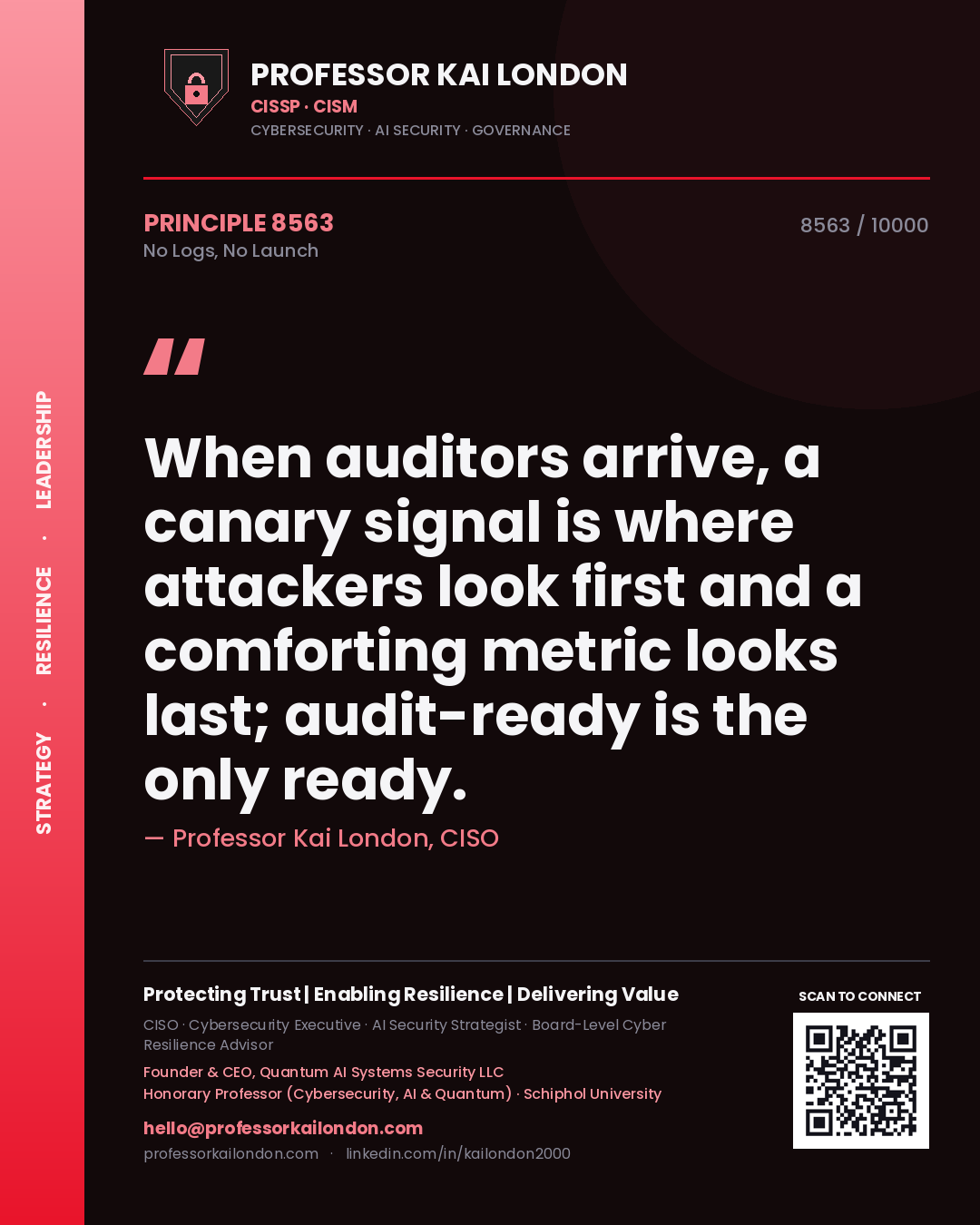 Quote card by Professor Kai London reading 'When auditors arrive, a canary signal is where attackers look first and a comforting metric looks last; audit-ready is the only ready.'. From the book No Logs, No Launch.