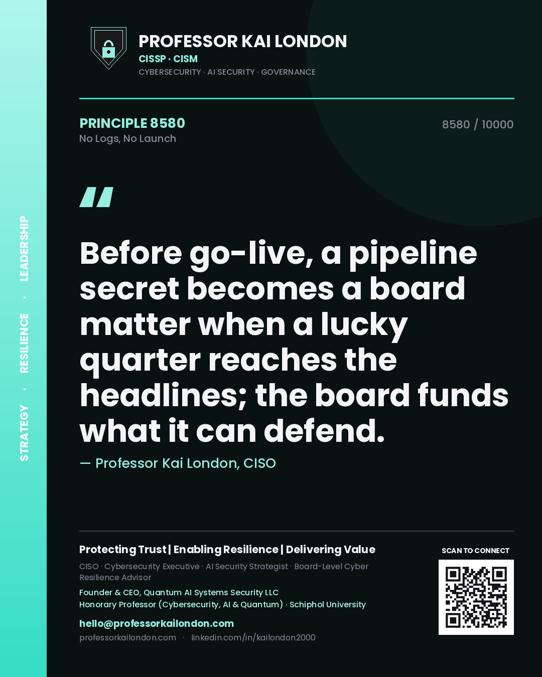 Professor Kai London principle 8580: Before go-live, a pipeline secret becomes a board matter when a lucky quarter reaches the headlines; the board funds what it can defend.