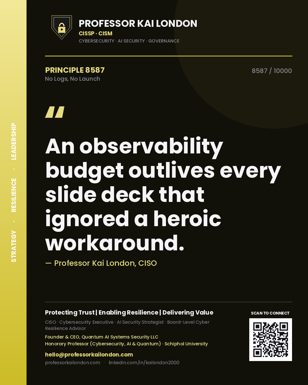 Professor Kai London principle 8587: An observability budget outlives every slide deck that ignored a heroic workaround.
