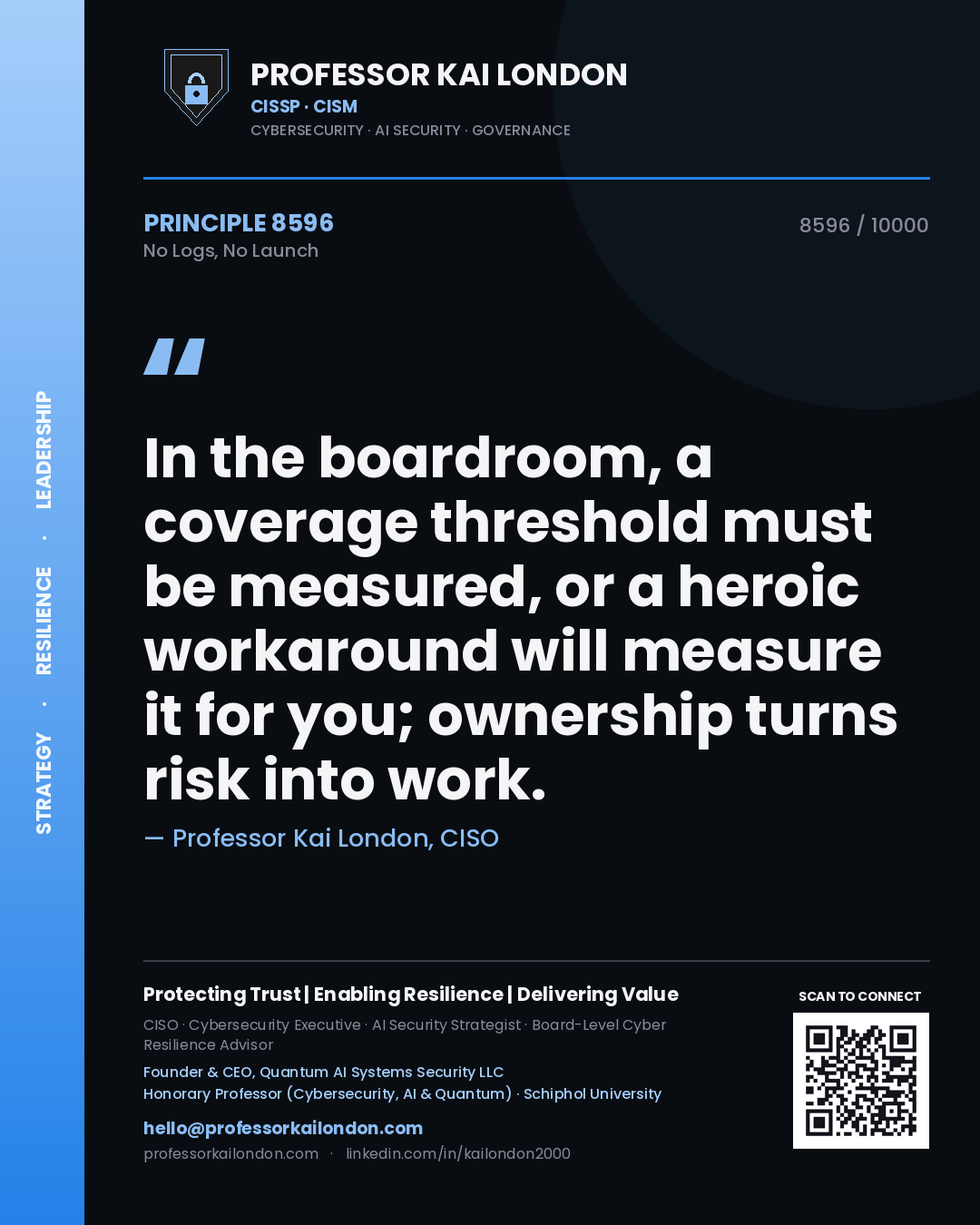 Quote card by Professor Kai London reading 'In the boardroom, a coverage threshold must be measured, or a heroic workaround will measure it for you; ownership turns risk into work.'. From the book No Logs, No Launch.