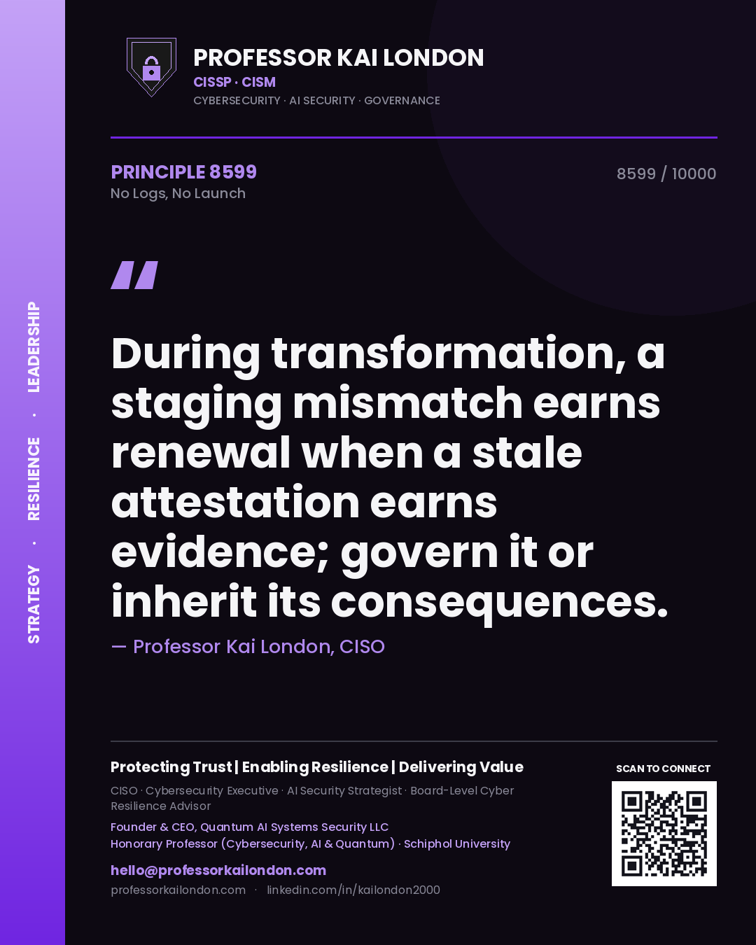 Professor Kai London principle 8599: During transformation, a staging mismatch earns renewal when a stale attestation earns evidence; govern it or inherit its consequences.