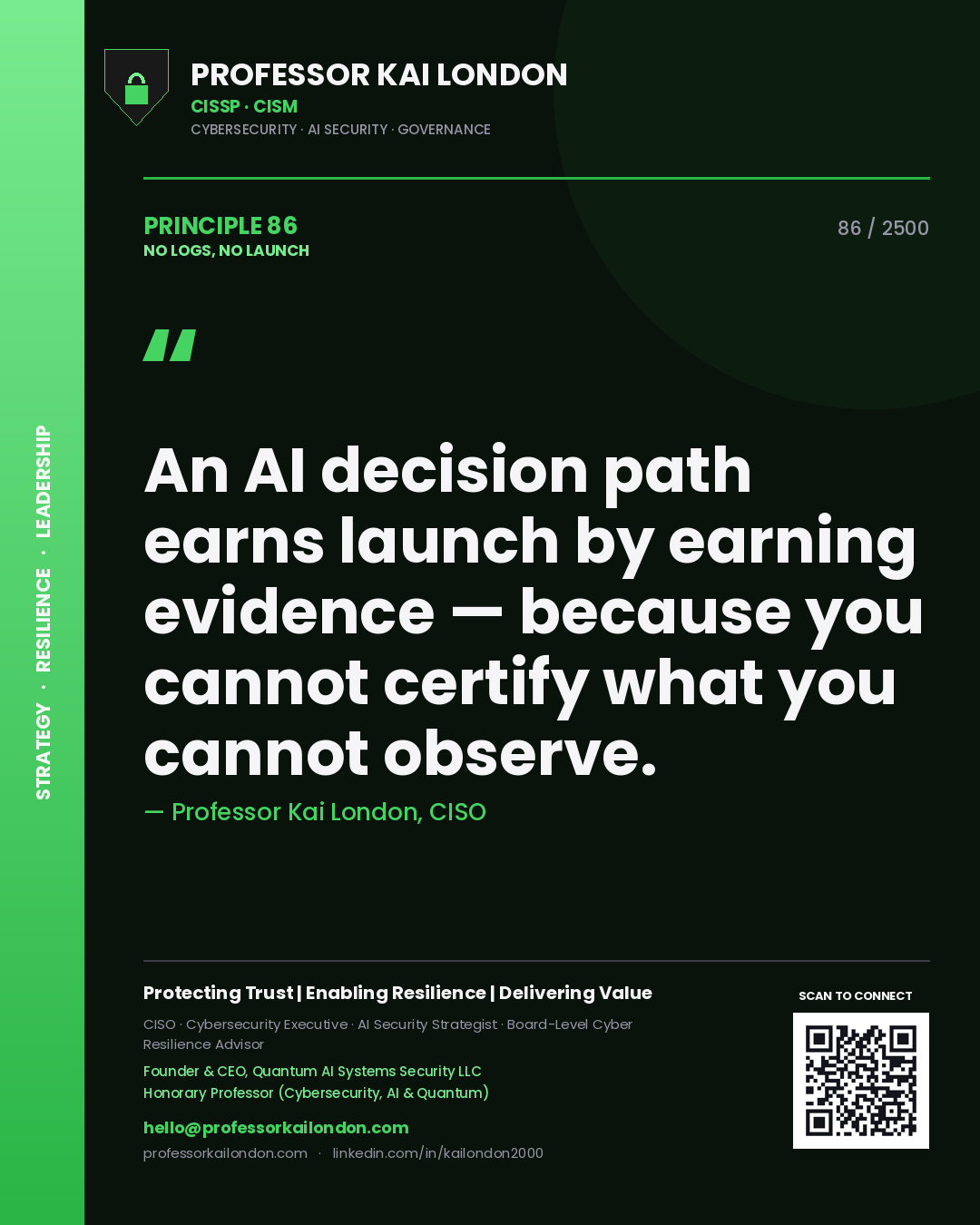 Professor Kai London principle 86: An AI decision path earns launch by earning evidence — because you cannot certify what you cannot observe.