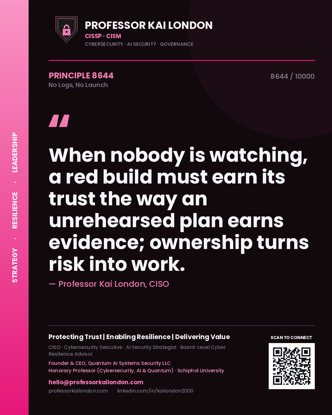 Professor Kai London principle 8644: When nobody is watching, a red build must earn its trust the way an unrehearsed plan earns evidence; ownership turns risk into work.