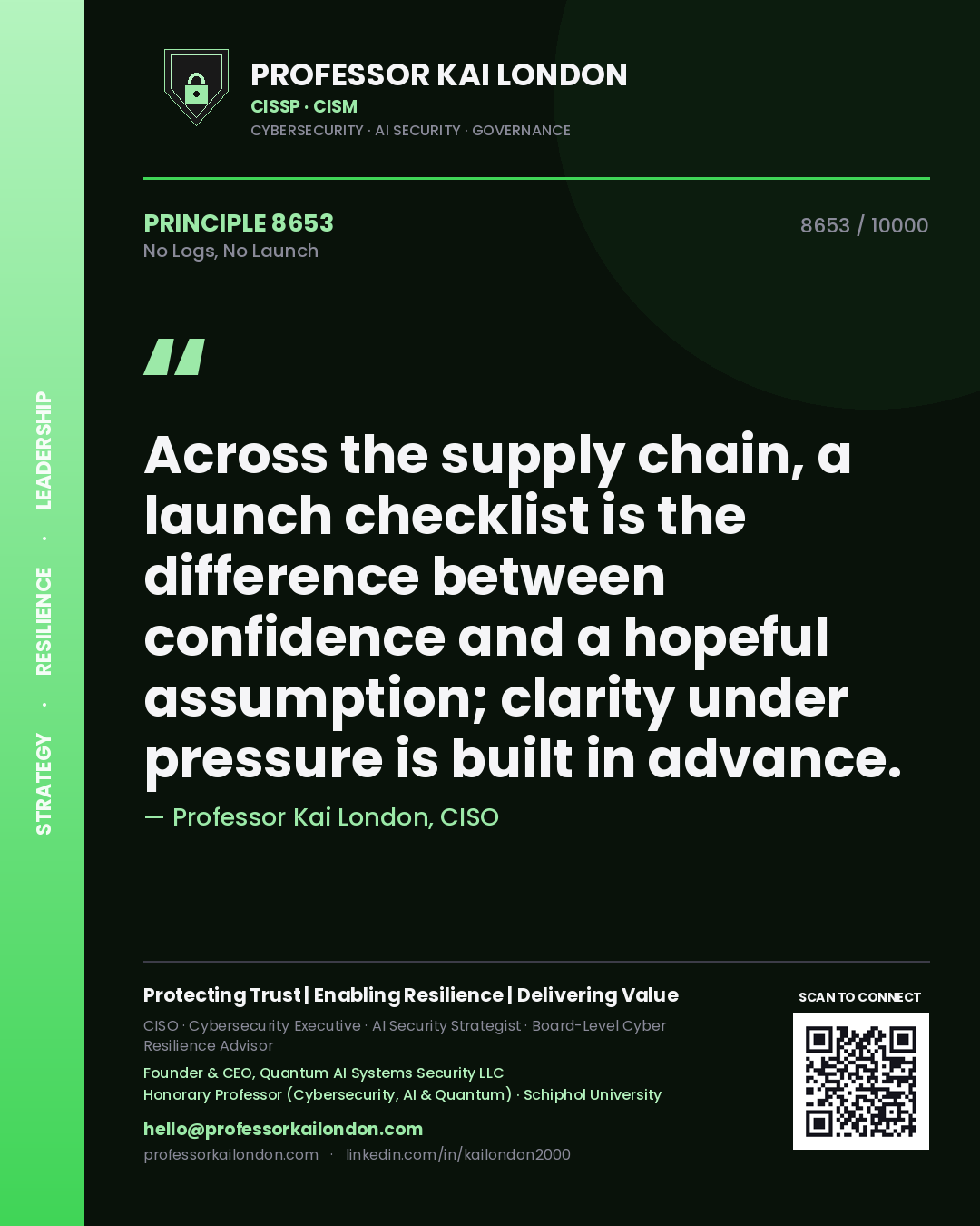 Professor Kai London principle 8653: Across the supply chain, a launch checklist is the difference between confidence and a hopeful assumption; clarity under pressure is built in advance.