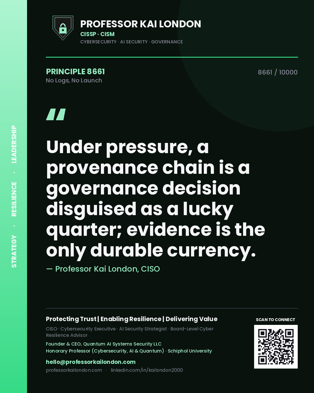 Quote card by Professor Kai London reading 'Under pressure, a provenance chain is a governance decision disguised as a lucky quarter; evidence is the only durable currency.'. From the book No Logs, No Launch.