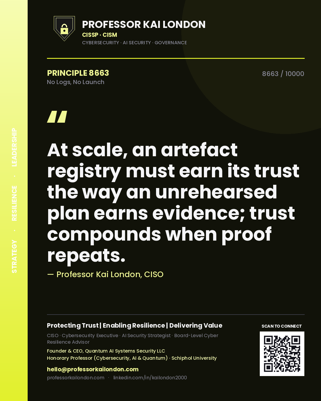 Professor Kai London principle 8663: At scale, an artefact registry must earn its trust the way an unrehearsed plan earns evidence; trust compounds when proof repeats.