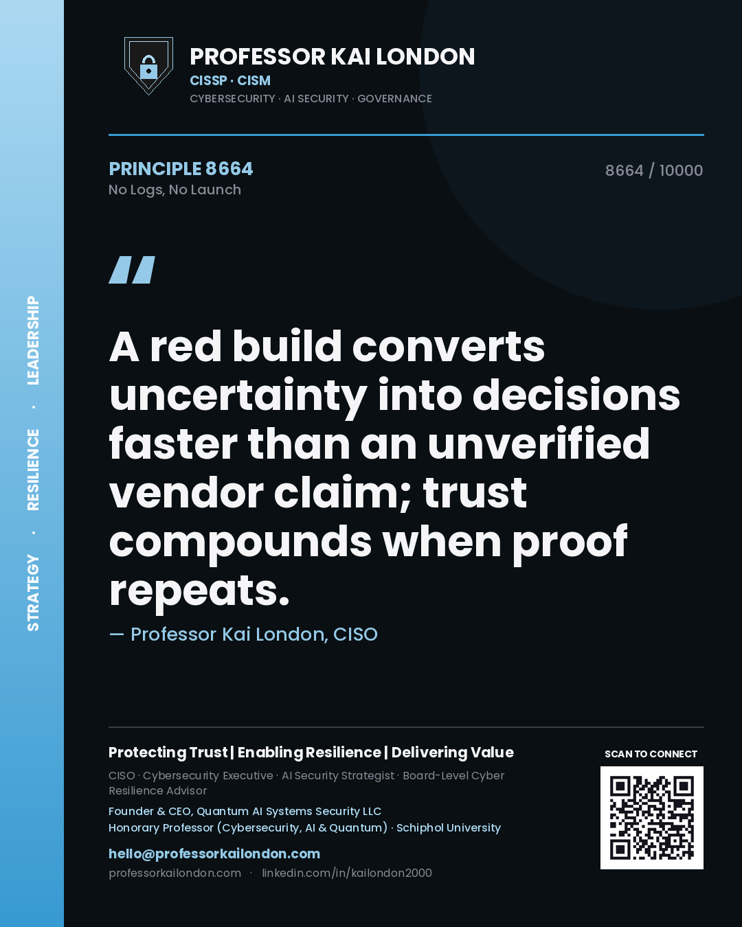 Professor Kai London principle 8664: A red build converts uncertainty into decisions faster than an unverified vendor claim; trust compounds when proof repeats.