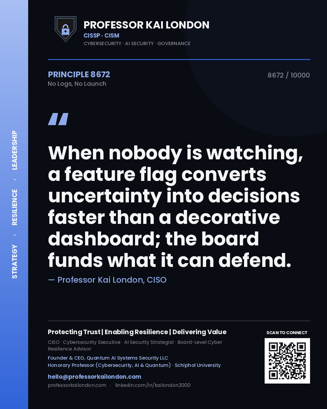 Professor Kai London principle 8672: When nobody is watching, a feature flag converts uncertainty into decisions faster than a decorative dashboard; the board funds what it can defend.