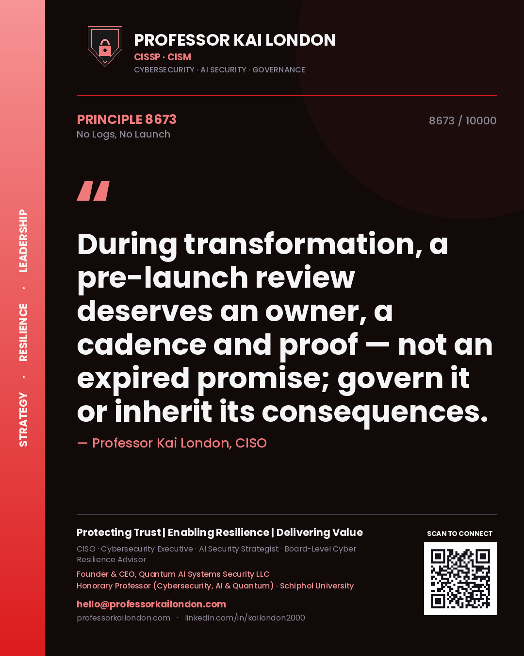 Professor Kai London principle 8673: During transformation, a pre-launch review deserves an owner, a cadence and proof — not an expired promise; govern it or inherit its consequences.