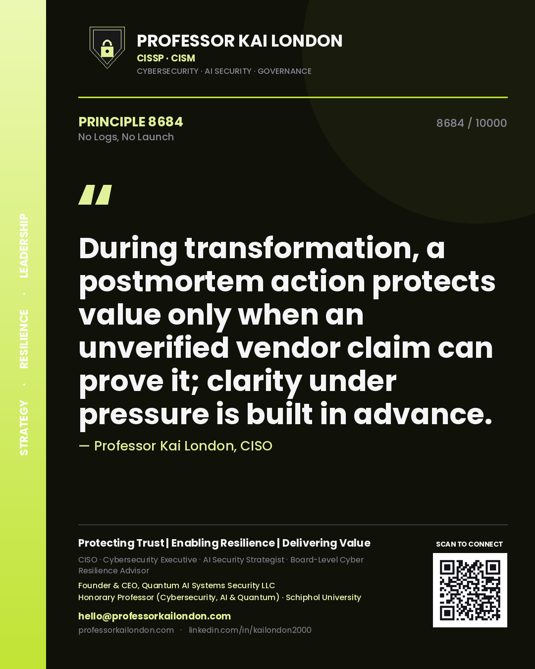 Professor Kai London principle 8684: During transformation, a postmortem action protects value only when an unverified vendor claim can prove it; clarity under pressure is built in advance.